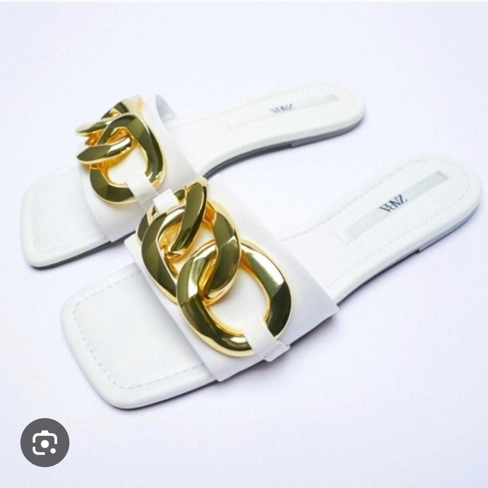 Zara flat slide chunky gold chain-link sandals